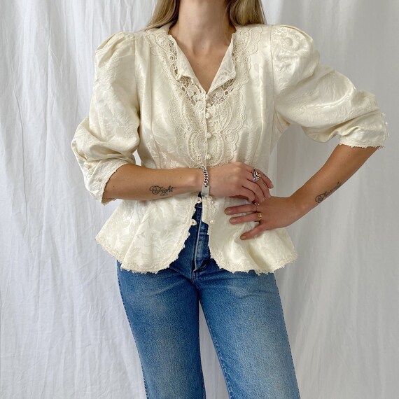 Vintage Brocade Puff Sleeve Shirt | Lace Detail Ja