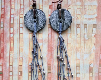 Vintage Button Earrings  / Gray Earrings / Long Earrings / Fringe Earrings / Gift for Her