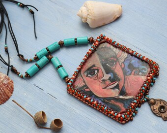 polymer clay pendant bead embroidered necklace, wearable art necklace, bohemian beaded artisan necklace, mixed media necklace, gift for her