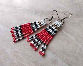 Beaded fringe earrings, seed bead earrings, red black and white earrings, long beaded fringe earrings, gift for her, gift for girlfriend