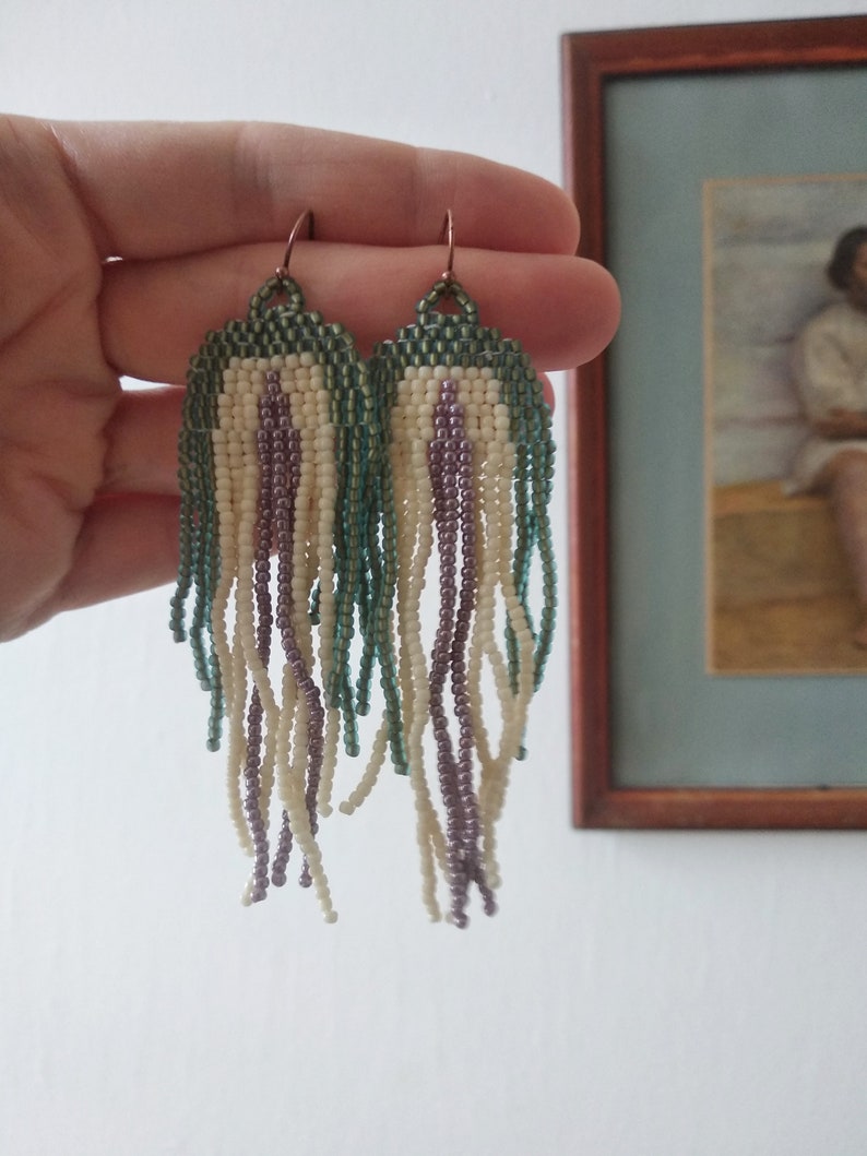 Jellyfish Earrings / Seed Bead Fringe Earrings / Long beaded Etsy