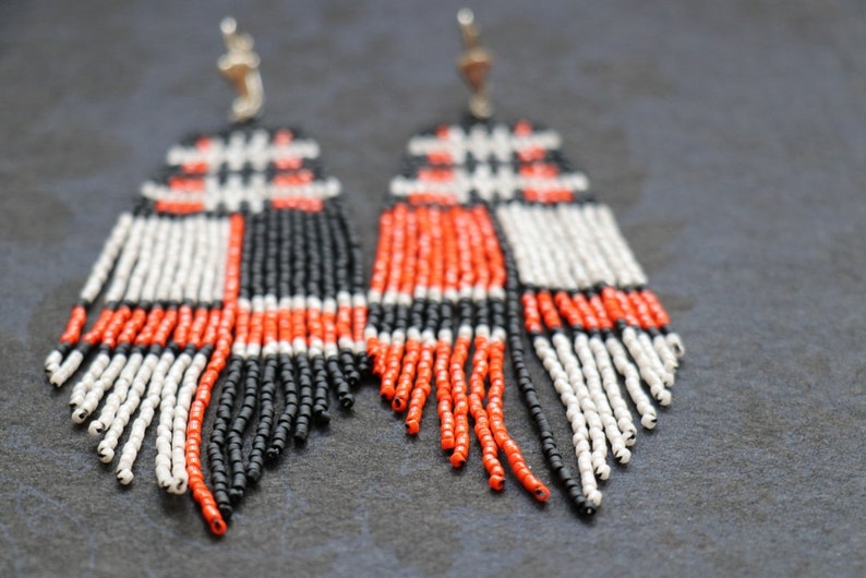 Gift for Her Black Orange White Earrings Seed Bead Earrings Bohemian Earrings Beaded Fringe Earrings