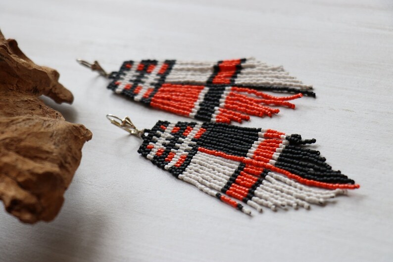 Gift for Her Black Orange White Earrings Seed Bead Earrings Bohemian Earrings Beaded Fringe Earrings