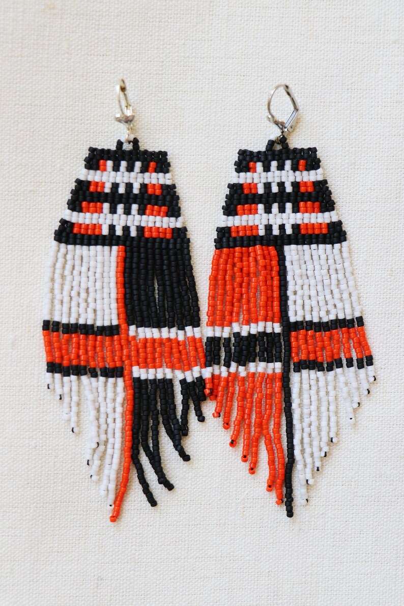 Gift for Her Black Orange White Earrings Seed Bead Earrings Bohemian Earrings Beaded Fringe Earrings
