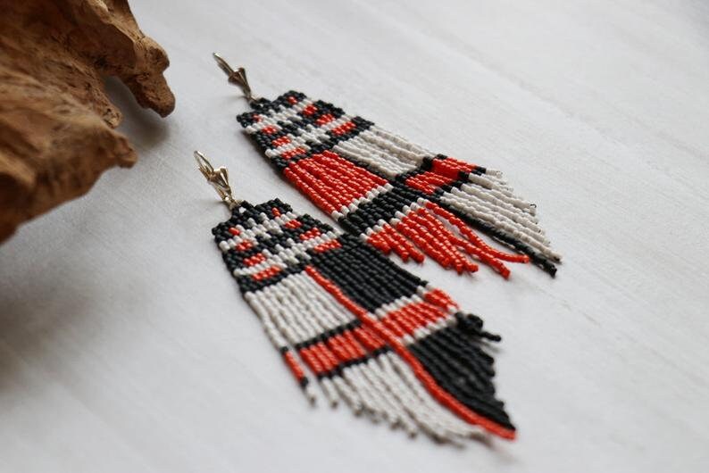 Gift for Her Black Orange White Earrings Seed Bead Earrings Bohemian Earrings Beaded Fringe Earrings