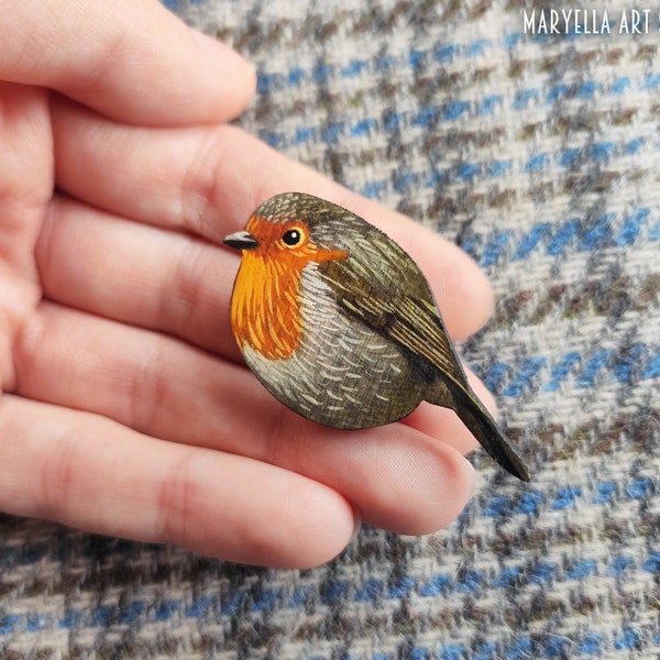 Robin geschilderde broche, hout europese roodborst pin