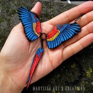 Scarlet Macaw wood necklace pendant, wings and tail, handmade