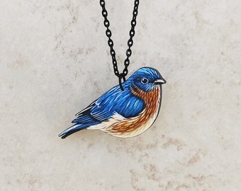 Bluebird painted necklace, wood Bluebird pendant