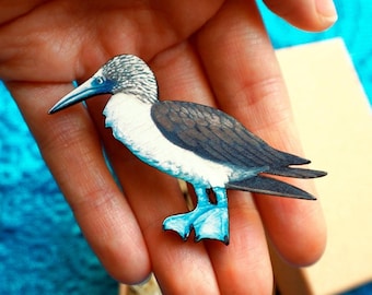 Blue footed booby printed brooch, wood booby pin