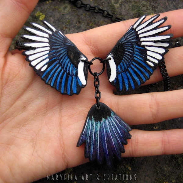 Magpie wood necklace pendant, wings and tail, handmade
