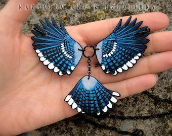 Blue Jay wood necklace pendant, wings and tail, handmade