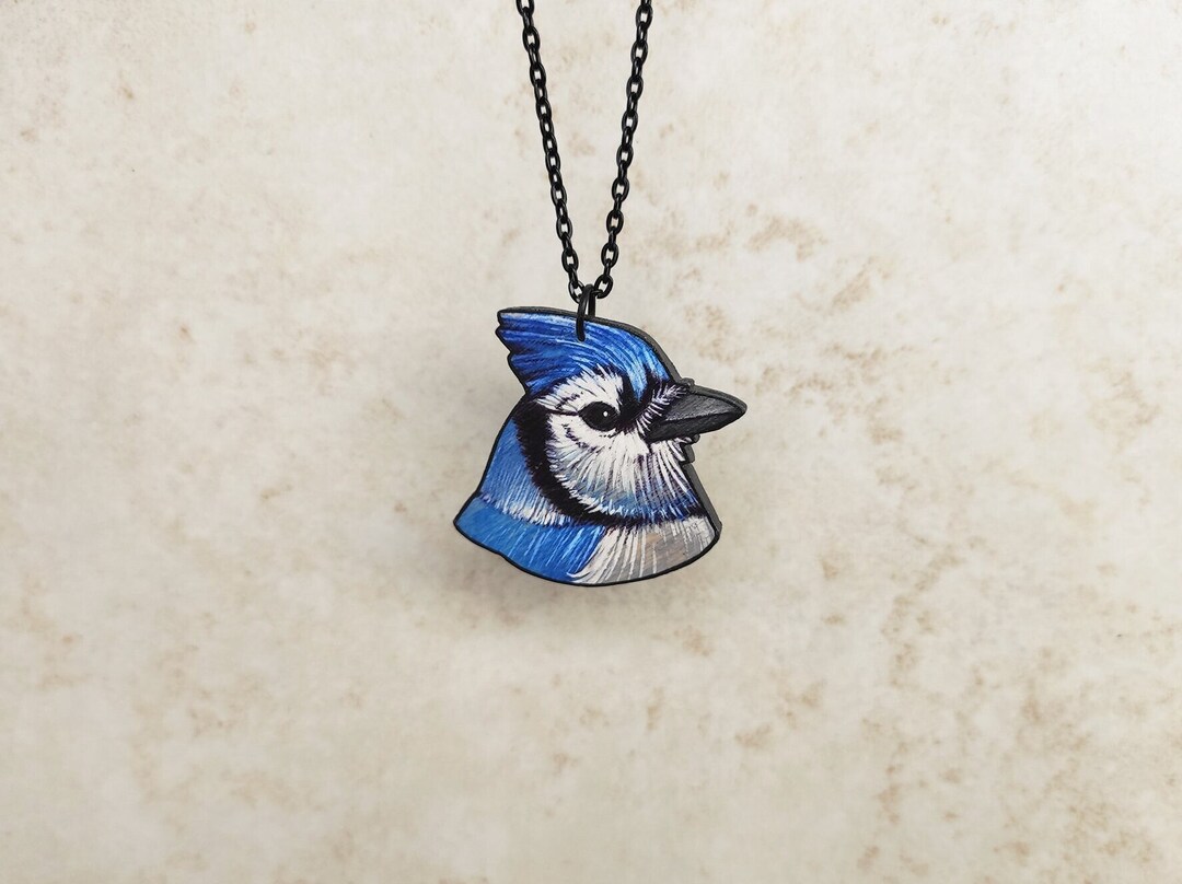Blue Jay Necklace Handpainted Wood Blue Jay Pendant Etsy UK