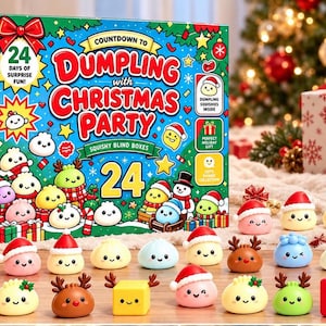 May include: A rectangular advent calendar box titled Countdown to Dumpling with Christmas Party featuring 24 days of surprise fun. The box displays colorful cartoon dumplings and holiday graphics. Several small, squishy dumpling figurines are arranged in front of the box.