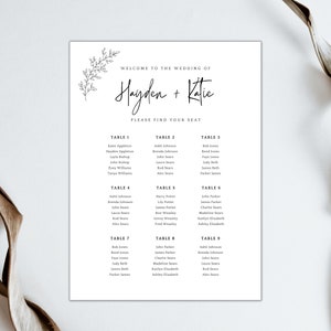Tabela minimalista de assentos para recepção de casamento | Modelo floral online preto e branco | Download digital para impressão | Placa de casamento Boho faça você mesmo