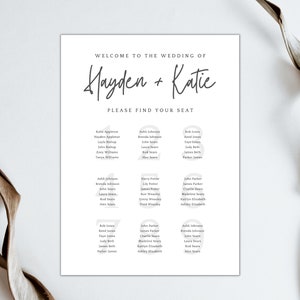 Tabela minimalista de assentos para recepção de casamento | Modelo on-line de gráfico de assentos em preto e branco | Download digital para impressão | Placa de casamento faça você mesmo