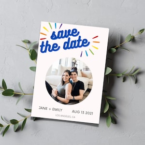 Salve a data retro do arco-íris | Download instantâneo de modelo | Casamento LGBTQ | Convite de casamento personalizado DIY com foto | Impressão de download digital