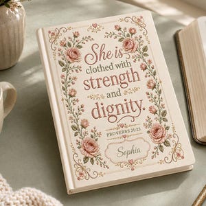 Peut inclure: Un journal à couverture rigide de couleur crème orné d'une bordure florale de roses roses et du texte "She is clothed with strength and dignity. PROVERBS 31:25" avec le prénom "Sophia" inscrit dans un cadre décoratif sur la couverture.