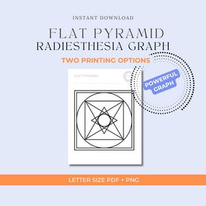 Könnte beinhalten: Ein digitales Dokument mit dem Titel FLAT PYRAMID RADIESTHESIA GRAPH, das ein schwarz-weißes geometrisches Design aus Quadrat, Kreis und sternförmiger Pyramide zeigt. Das Bild enthält den Text INSTANT DOWNLOAD, TWO PRINTING OPTIONS, POWERFUL GRAPH und LETTER SIZE PDF + PNG.