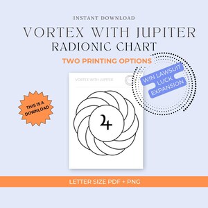 Puede incluir: Un gráfico radiónico digital titulado Vortex with Jupiter que presenta un círculo central con el símbolo de Júpiter rodeado por un patrón de vórtice. El texto incluye "Win Lawsuit", "Luck", "Expansion" y "This is a download" sobre fondo claro.