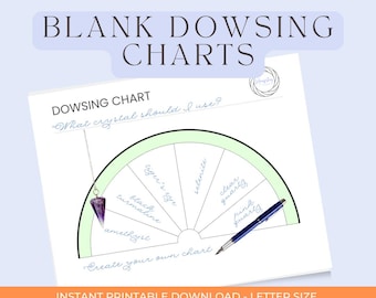 May include: Printable blank dowsing chart with a green circle divided into sections for different crystals. The chart includes the text "What crystal should I use?" and "Create your own chart".