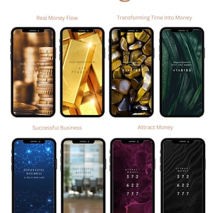 Può includere: Otto design per lo schermo del telefono con temi diversi. I temi sono: Flusso di denaro reale, Trasformare il tempo in denaro, Business di successo e Attrarre denaro. Ogni design presenta un'immagine di sfondo e un testo diversi.