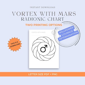 Könnte beinhalten: Digitaler Download mit einem schwarz-weißen radionischen Diagramm mit dem Titel "Vortex with Mars". Das Design umfasst ein Spiralmuster mit einem Marssymbol in der Mitte. Der Text enthält "Sofort-Download", "Zwei Druckoptionen" und "Letter Size PDF + PNG".
