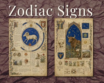 Medieval Zodiac Art Bundle – 12 Illuminated Manuscript Astrology Prints, Digital Download