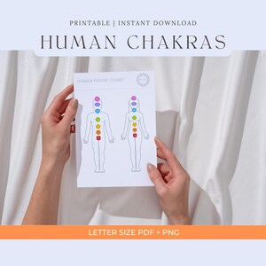 May include: Printable human chakra chart featuring two figures, a male and a female, illustrating the seven chakras with their associated colours. The chart is labelled "Human Figure Chart" and is available in letter size PDF and PNG format.