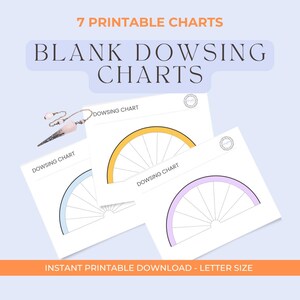 Op de afbeelding: Zeven afdrukbare lege radiestetische kaarten in letterformaat. De kaarten zijn wit met een halve cirkel in geel, blauw en paars. De tekst "Dowsing Chart" is op elke kaart gedrukt.