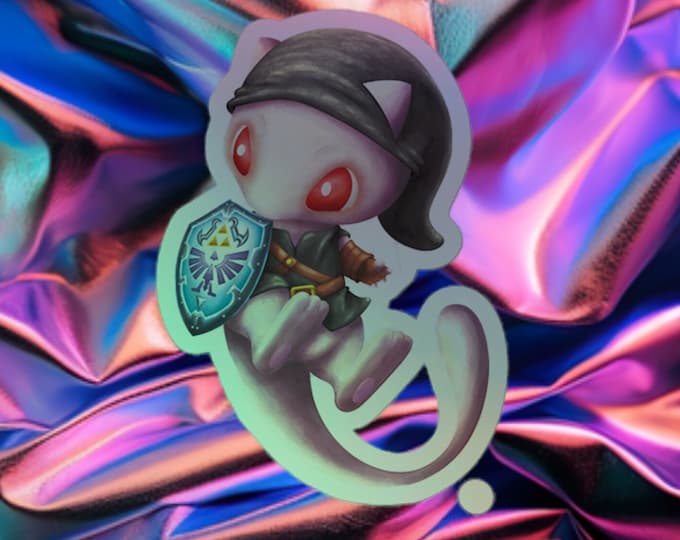 Fierce Deity Mew: Pokemon + The Legend of Zelda Mashup - Holographic Laptop Decal Sticker