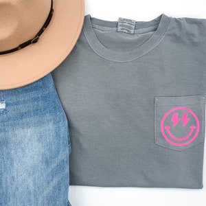 Lightning Bolt Smiley Pocket Shirt // Comfort Color Tee // Unisex Short Sleeve Shirt // Trending