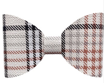 Plaid Dog Bow Tie Collar Accessory: Brown Tan Faux Leather