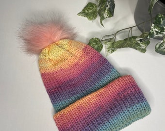 Adult Knitted Hat with faux fur Pom Pom
