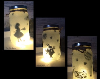 Alice Night light - Glitter Light up Jar mood lighting, Alice in Wonderland Theme