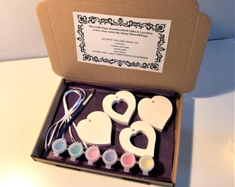 Christmas Decorations KIt - Paint your own Ceramic Kit- hanging hearts Ceramic Craft Kit- Craft Kit-