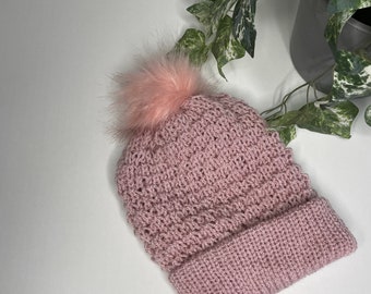 Adult Knitted Hat with faux fur Pom Pom