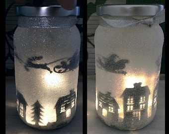 Night light, mood lighting, Santa over Houses in a jar, Fairy Jar, Glitter Jar, Christmas, light up jars, mason jars