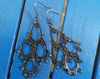 Chandelier Dangle Earrings Dark Silver ft Teal Beads