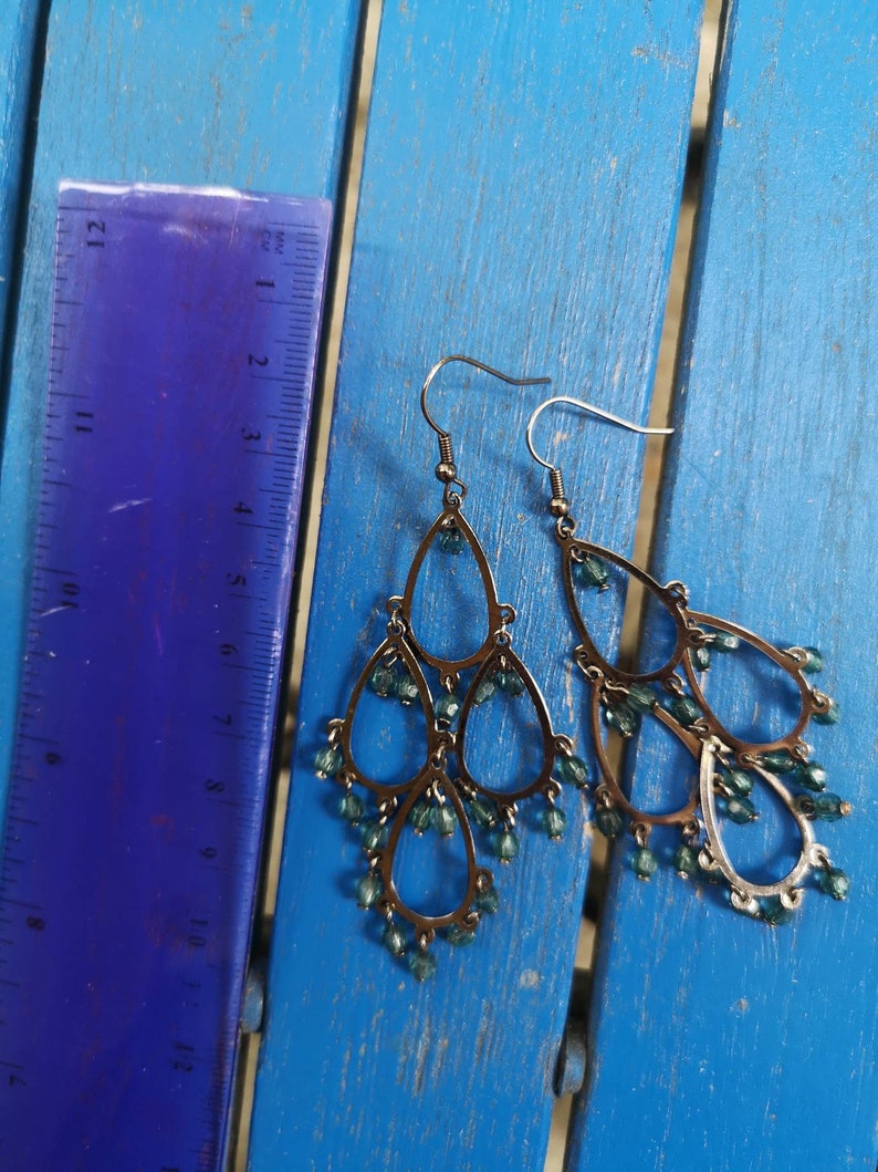 Chandelier Dangle Earrings Dark Silver ft Teal Beads