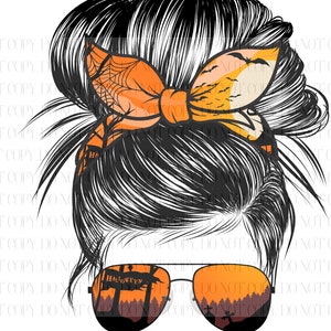 May include: A black and white illustration of a woman with a messy bun. She is wearing orange and black Halloween themed sunglasses and a bow with a spiderweb design. The sunglasses reflect a Halloween scene with trees and a sign that says "Halloween".