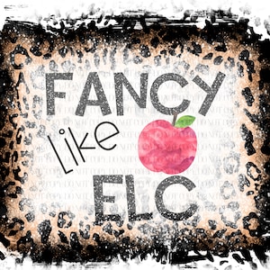 May include: A black and white leopard print background with a black frame. The text "FANCY like ELC" is in black with a glittery effect. A pink apple with a green stem is in the center of the text.