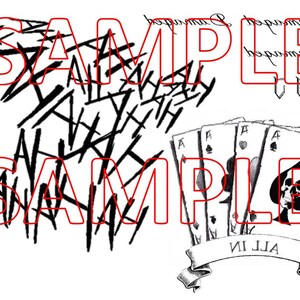 May include: A graphic design featuring the word "SAMPLE" in red, overlaid on a chaotic black and white background. Below, four playing cards show the Ace of Spades, Hearts, Diamonds, and Clubs, with a banner reading "ALL IN".