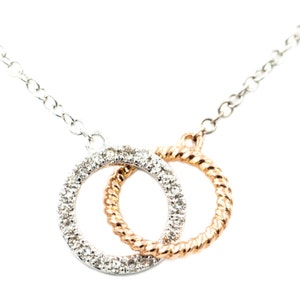 Diamond, White & Rose Gold Circle Pendant on a 16"+1" 14 Karat White Gold Chain