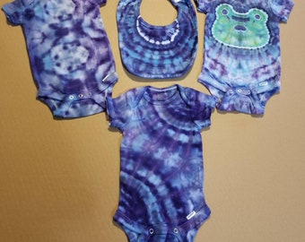 4 Piece Tie Dye Growing Baby Onesies Layette Set 0-3m, 3-6m, and 6-9m