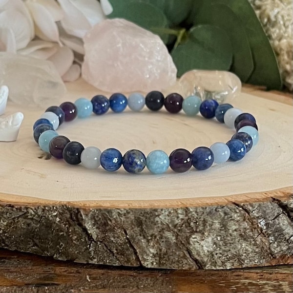 Communication, Calm, Wisdom, Truth. Blue Kyanite, Lapis Lazuli, Angelite, Aquamarine and Sodalite. Throat and Third Eye 6mm Crystal Bracelet