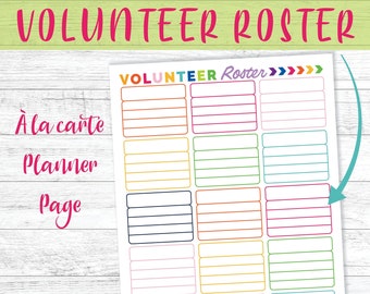 Könnte beinhalten: Eine druckbare Freiwilligen-Roster-Planerseite mit einem farbenfrohen Design. Die Seite ist in 16 Abschnitte unterteilt, jeder mit 6 Zeilen zum Schreiben. Der Text "VOLUNTEER Roster >>>>>>" befindet sich oben auf der Seite.