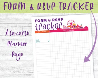 Könnte beinhalten: Eine druckbare Planerseite mit einem pink-weißen Karnevals-Thema. Die Seite trägt den Titel "Form & RSVP Tracker" und enthält Abschnitte für "Form/Event", "Due Date" und "Girls' Names".