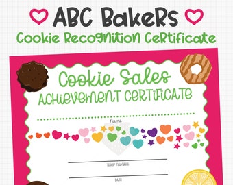 ABC Bakers Cookie Sales Achievement Certificate Printable Download Girl Scouts Inspired PDF