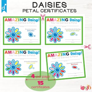 May include: Four printable certificates for earning daisy petals. Each certificate features a colorful daisy with a different colored center and text that reads "Amazing Daisy! You've Earned a Petal". The text below the daisy describes the petal earned, such as "Promise Center Daisy Blue" or "Courageous & Strong Red Petal".
