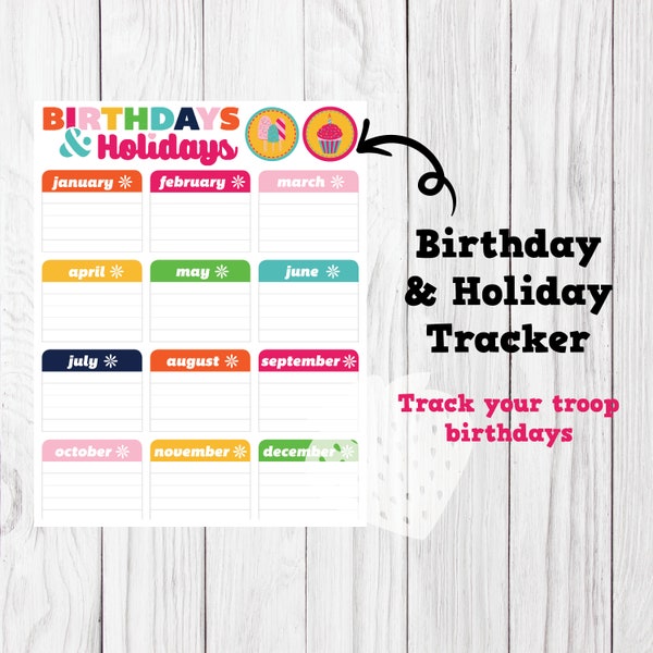 Troop Birthdays and Holidays List Single Page Leader Planning Girl Scouts Inspired PDF